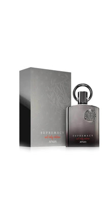 Afnan Supremacy Not Only Intense perfume bottle with matching sleek silver box, luxury fragrance.