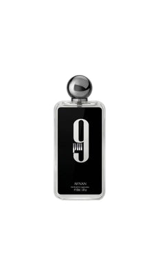 Afnan 9pm perfume bottle with black label and metallic cap on white background.