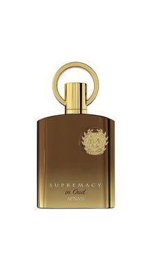 Gold Afnan Supremacy in Oud perfume bottle with round cap and embossed emblem