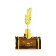 Luxury Arabian oud perfume bottle with gold feather cap and Arabic script, elegant design