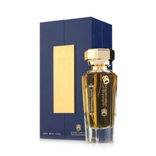 Luxury Arabian oud perfume bottle with gold cap and blue gift box, elegant fragrance presentation