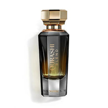 Qurashi Blend oud perfume bottle with gold cap and ombre black glass design
