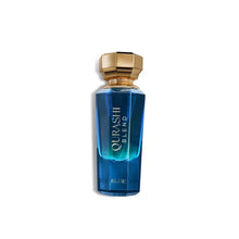 Blue Qurashi Blend Arabian oud perfume bottle with gold cap on white background