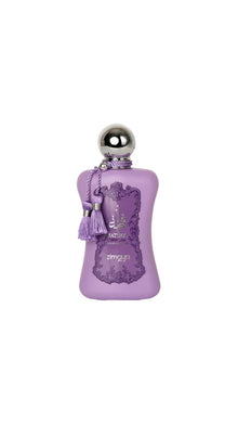 Purple Zimaya Fatima Arabian oud perfume bottle with tassel and silver cap