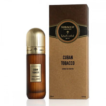 Cuban Tobacco extrait de parfum bottle and box, brown and gold, 100ml fragrance.