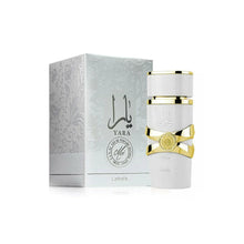Lattafa Yara perfume in a white and gold bottle with matching embossed box, Arabian fragrance.