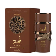 Lattafa Asad Bourbon Eau de Parfum 100ml bottle and box with lion design, Arabic script, luxury oud fragrance.