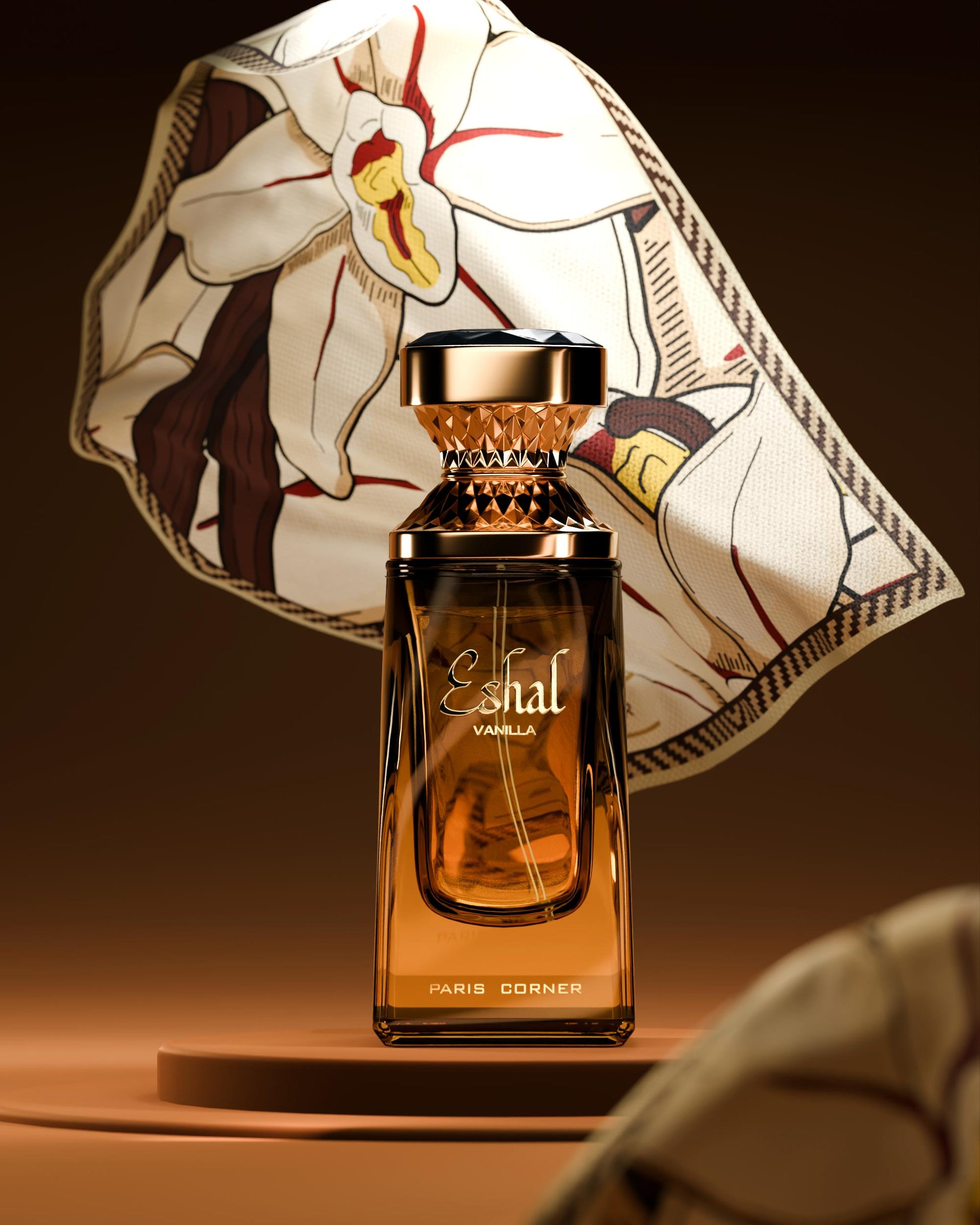 Perfume bottle labeled 'Eshal' with a decorative fabric in the background