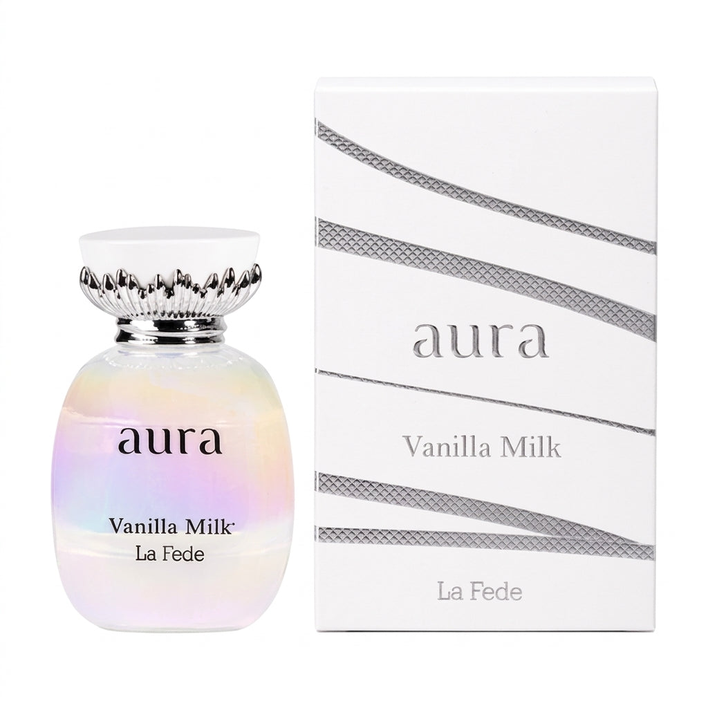 Khadlaj La Fede Aura Vanilla Milk Eau de Parfum 100ml bottle highlighting notes of bergamot, freesia, jasmine, and warm amber