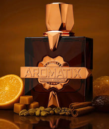 Luxury amber perfume bottle with orange, caramel, cardamom, cinnamon, and date accents