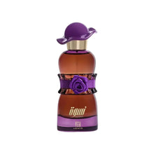 Elegant Arabian oud perfume bottle with purple cap and decorative rose accent, 100ml