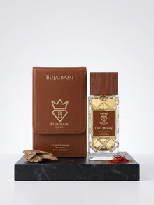 Bujairami Oud Money 100ml Extrait de Parfum bottle with notes of rich agarwood, cardamom, and warm amber