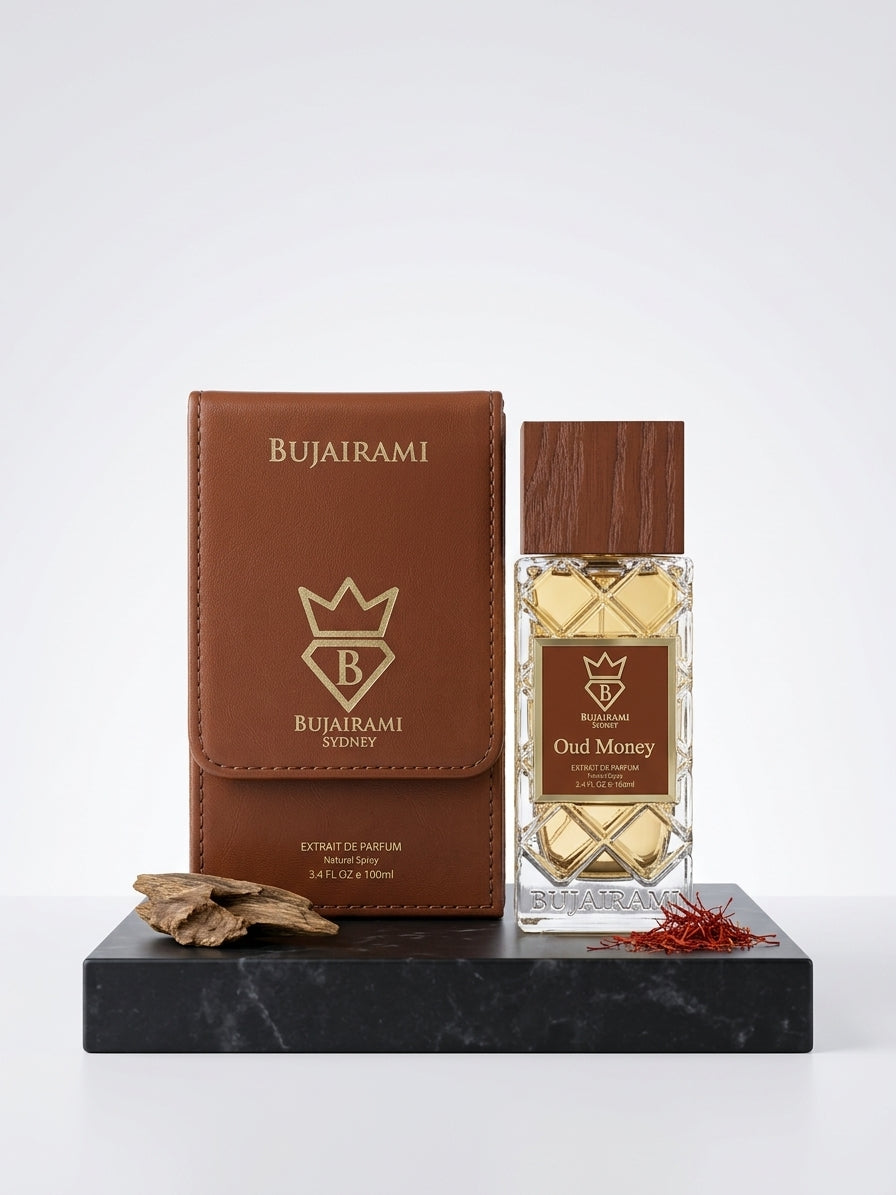 Bujairami Oud Money 100ml Extrait de Parfum bottle with notes of rich agarwood, cardamom, and warm amber