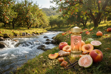 Perfume bottle with peaches, guava, ginger, cardamom, caramel by a riverside orchard in summer