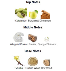 Perfume notes chart with images of cardamom, bergamot, cinnamon, whipped cream, praline, orange blossom, vanilla, guaiac wood, and dry wood.