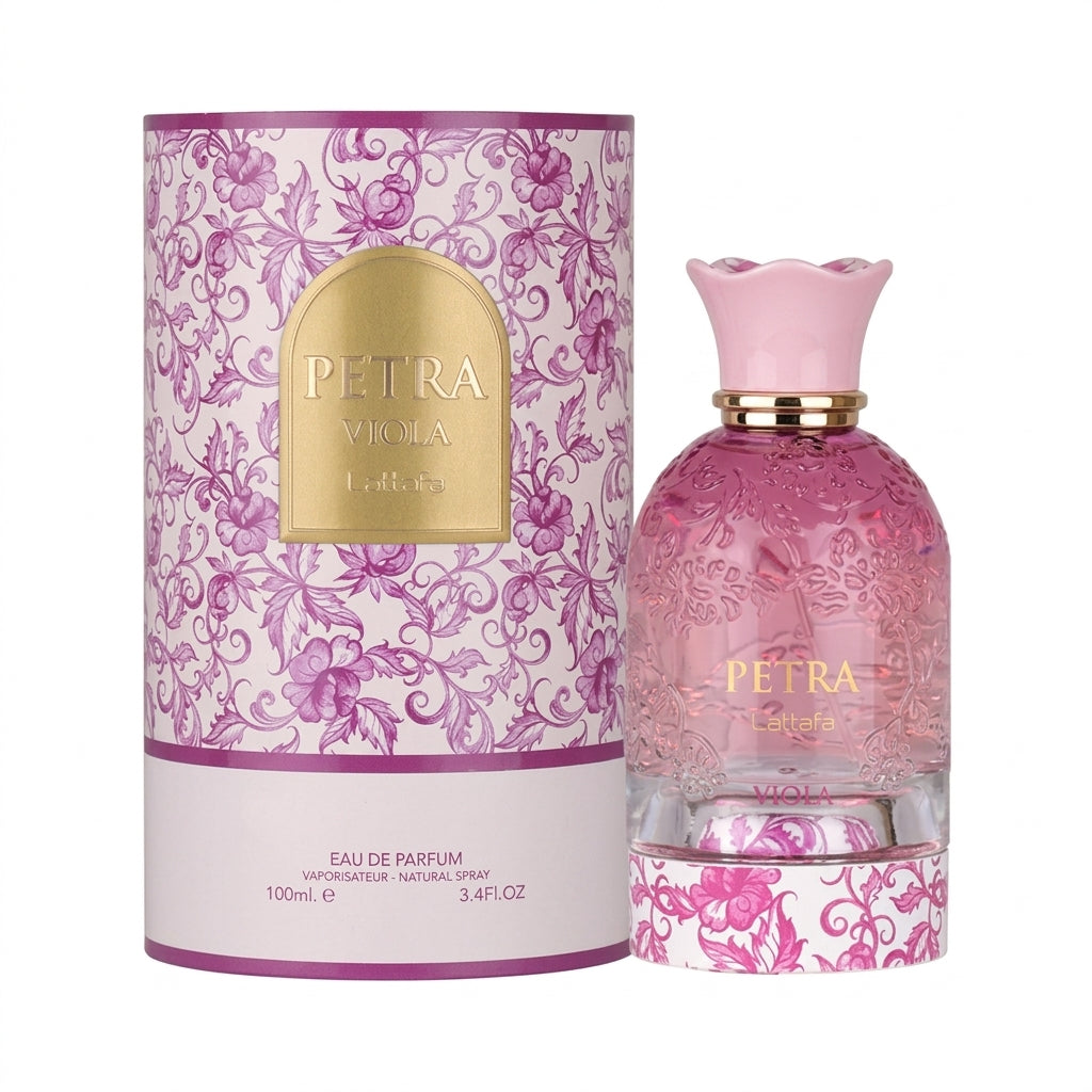 Lattafa Petra Viola Eau de Parfum 100ml bottle highlighting notes of sweet violet, raspberry, and cotton candy  