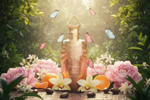 Pink butterfly perfume bottle with raindrops, peony, vanilla, orange blossom, and tonka beans