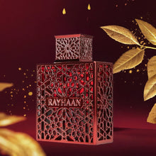 Crimson Rayhaan 100ml Arabian oud perfume bottle with ornate lattice design and gold leaves
