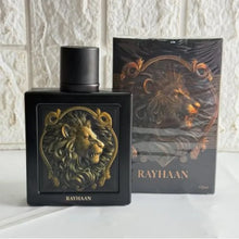 Black Rayhaan perfume bottle with embossed gold lion head and matching box, 100ml