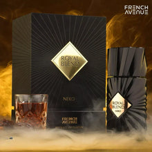 Luxury Royal Blend Nero perfume bottle and box with smoky background