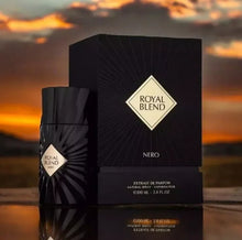 Royal Blend Nero oud perfume bottle and luxury box at sunset, 100ml extrait de parfum