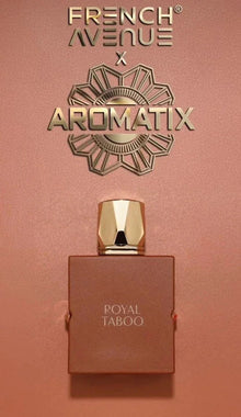 Square Royal Taboo perfume bottle with gold cap on a textured background, French Avenue x Aromatix branding above.