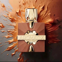Luxury Arabian oud perfume bottle with gold accents on a bronzed splash background