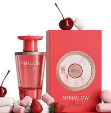 Pink Sh'Mallow Floss perfume bottle and box with strawberries, cherries, and marshmallows