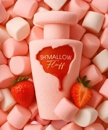 Sh'Mallow Fluff perfume bottle with pink marshmallows and strawberries