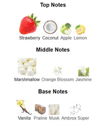 Perfume fragrance notes with images: strawberry, coconut, apple, lemon top notes; marshmallow, orange blossom, jasmine middle notes; vanilla, praline, musk, ambrox super base notes.