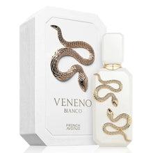 White Veneno Bianco perfume bottle with gold snake design and matching luxury box.