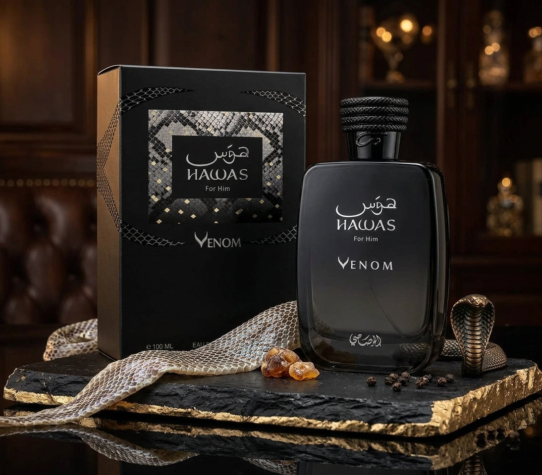 Rasasi Hawas Venom Eau de Parfum 100ml bottle highlighting notes of smoky incense, rich leather, patchouli, and vanilla