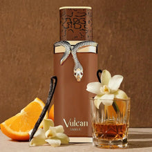 Vulcan Sable perfume bottle with snake detail, orange slices, vanilla pods, white flowers, and a drink glass.