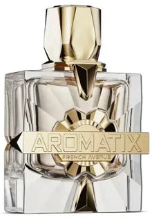 Aromatix French Avenue perfume bottle with geometric gold and clear glass design