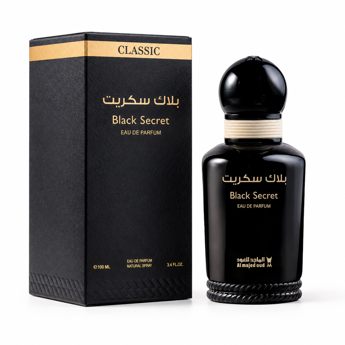 Al Majed Oud Black Secret EDP 100ml bottle and original Classic Collection box on white