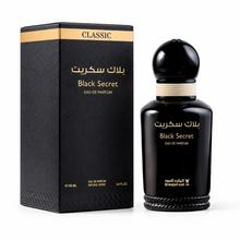 Al Majed Oud Black Secret EDP 100ml bottle and original Classic Collection box on white