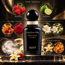 Black Secret fragrance notes: raspberry and bergamot; caramel, rose and jasmine; musk, vanilla and amber