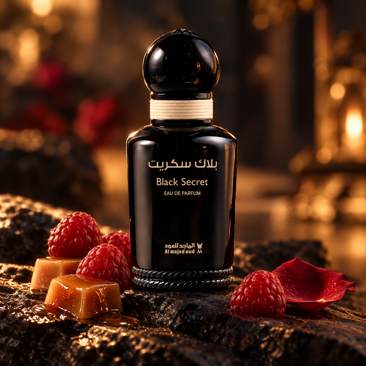 Black Secret EDP bottle in warm cinematic light with raspberries, caramel and a rose petal