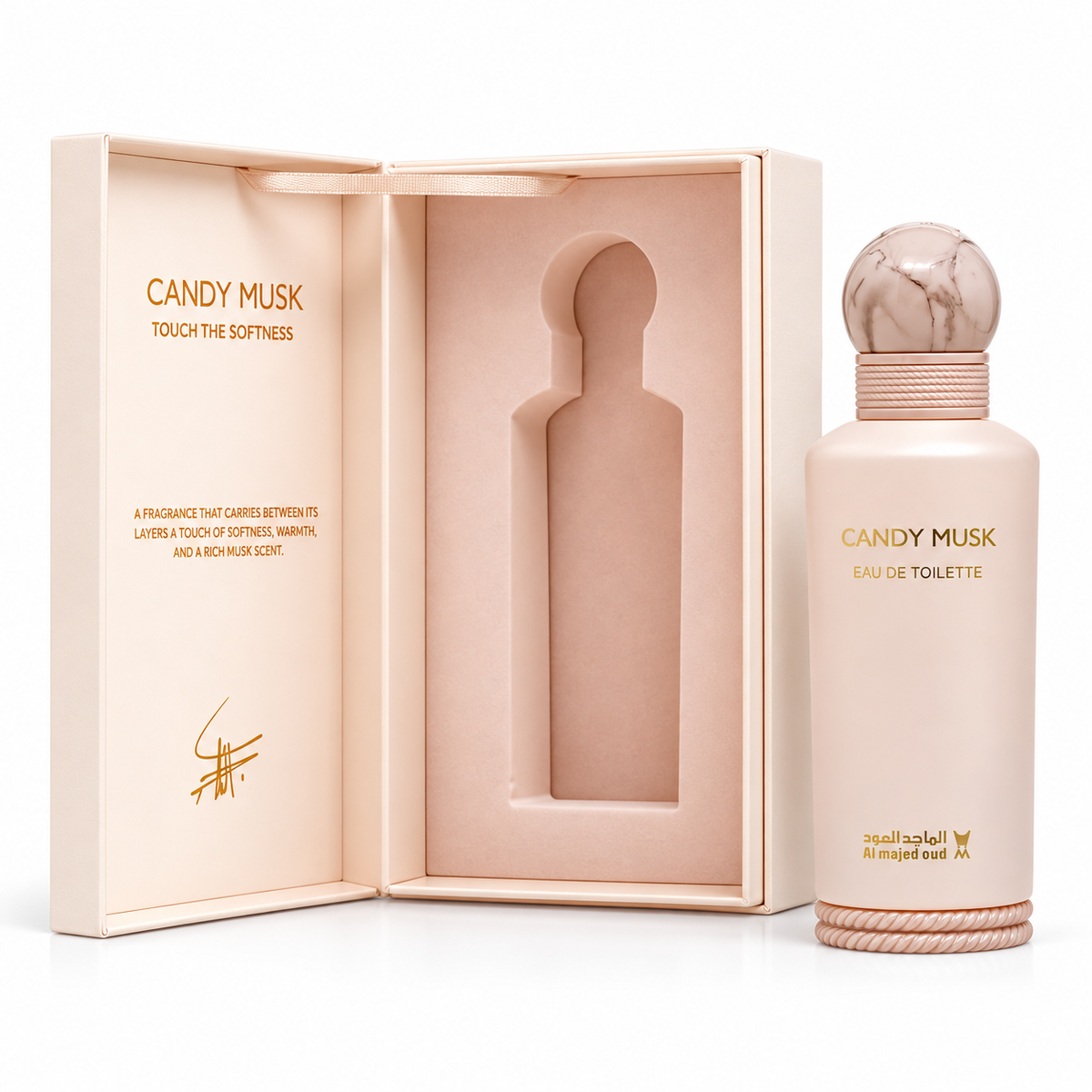 Al Majed Oud Candy Musk EDT 150ml bottle beside its open original blush presentation box on white