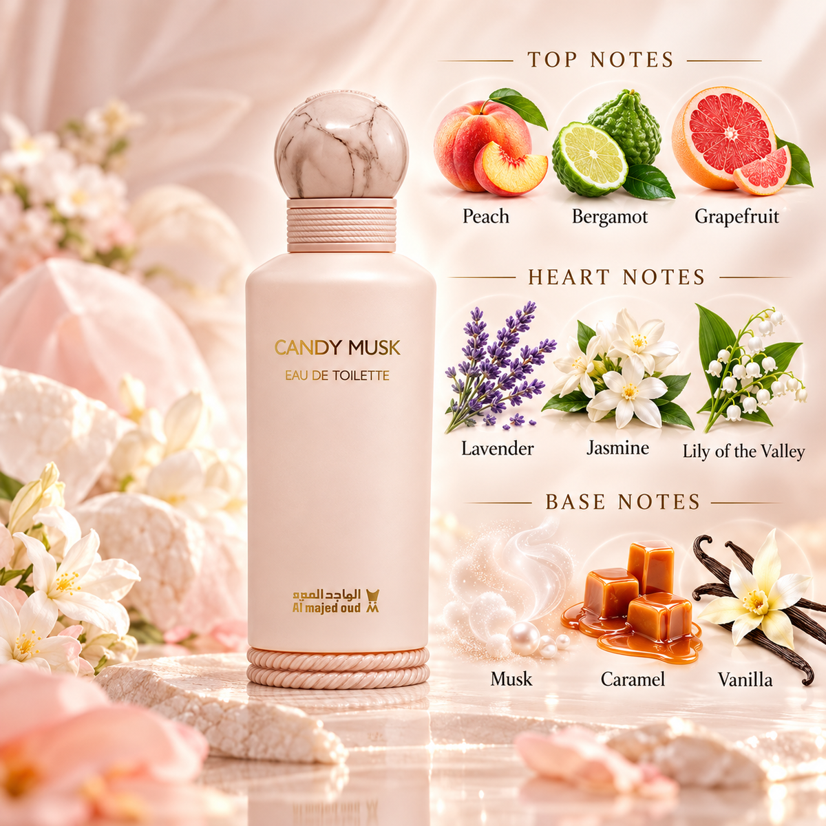 Candy Musk fragrance notes: peach, bergamot and grapefruit; lavender, jasmine and lily of the valley; musk, caramel and vanilla