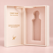 Original Candy Musk open blush presentation box with empty bottle-shaped recess, without bottle