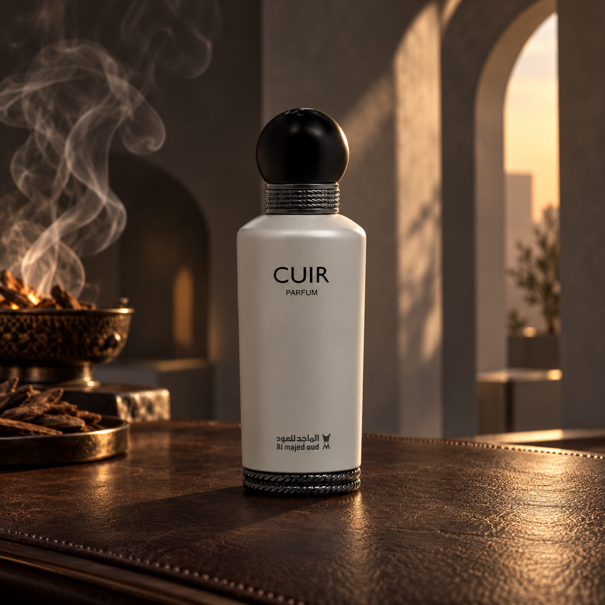 Cuir Parfum bottle on dark leather with incense smoke and warm evening light