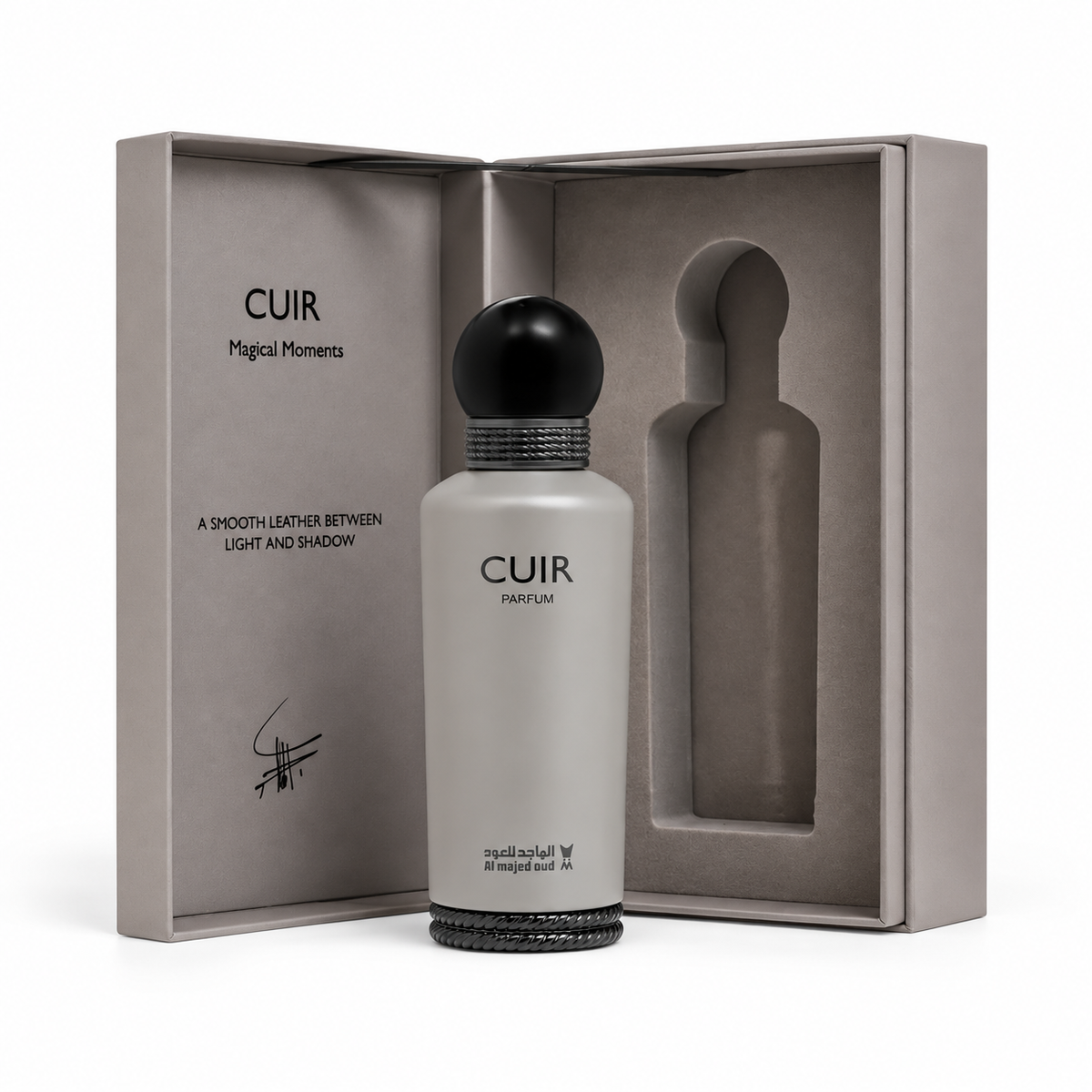 Al Majed Oud Cuir Parfum 150ml grey bottle with original open presentation box on white