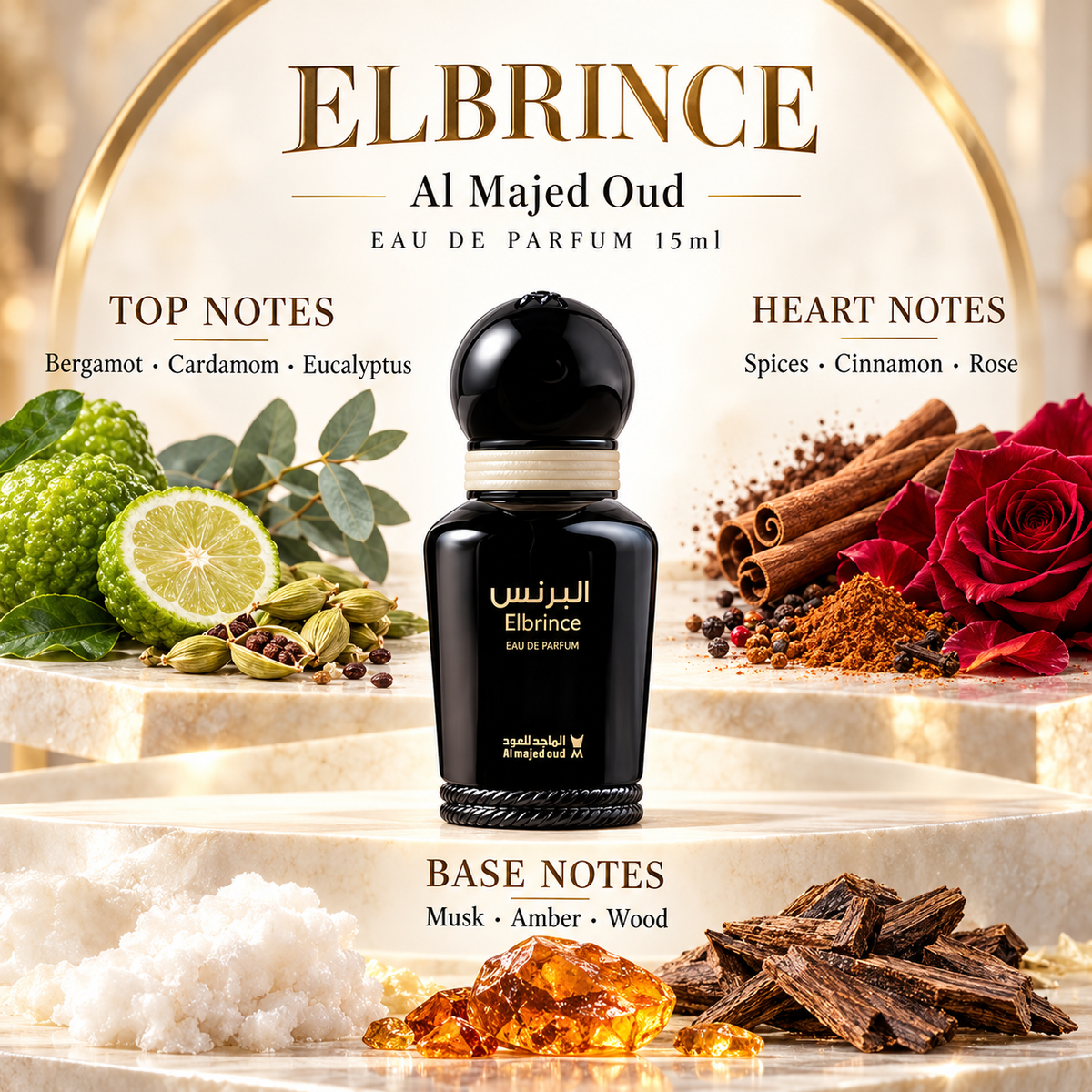 Elbrince notes: bergamot cardamom eucalyptus; spices cinnamon rose; musk amber wood