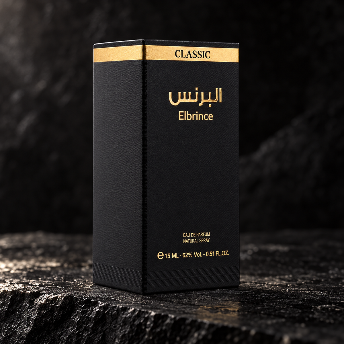 Original Elbrince Classic Collection 15ml EDP black and gold carton on dark stone