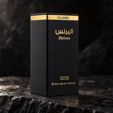 Original Elbrince Classic Collection 15ml EDP black and gold carton on dark stone