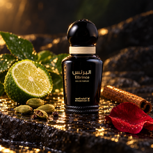 Elbrince EDP 15ml with bergamot cardamom cinnamon and rose petal in cinematic golden light