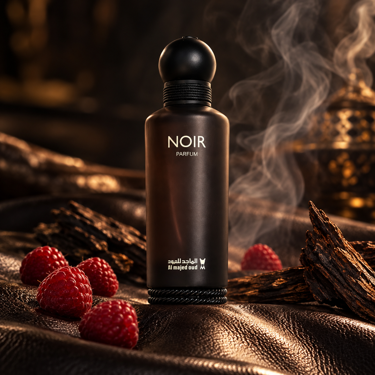 Al Majed Oud Noir Parfum bottle with raspberries, dark wood and incense haze