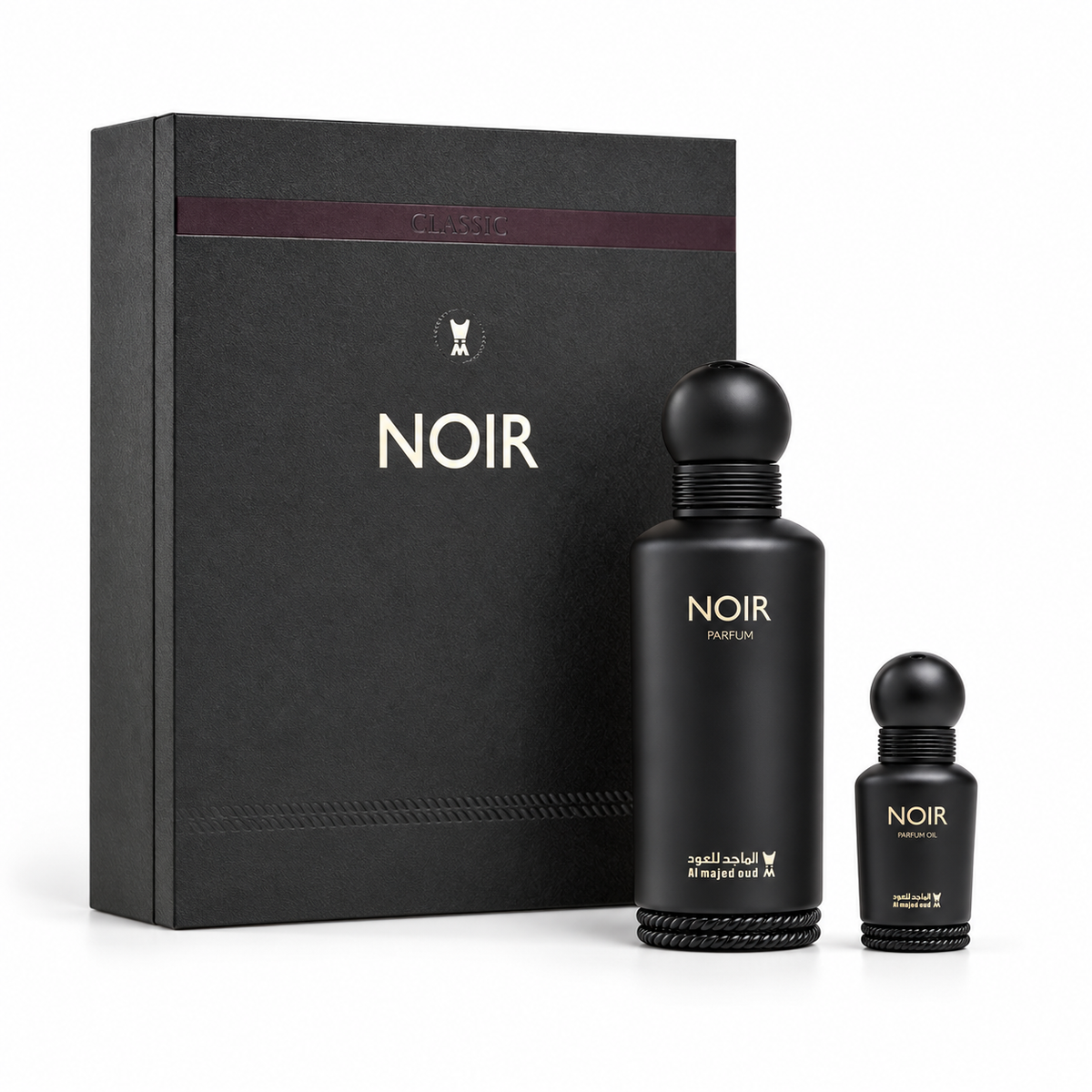Al Majed Oud Noir gift set with 150ml Parfum, 15ml perfume oil and original black presentation box