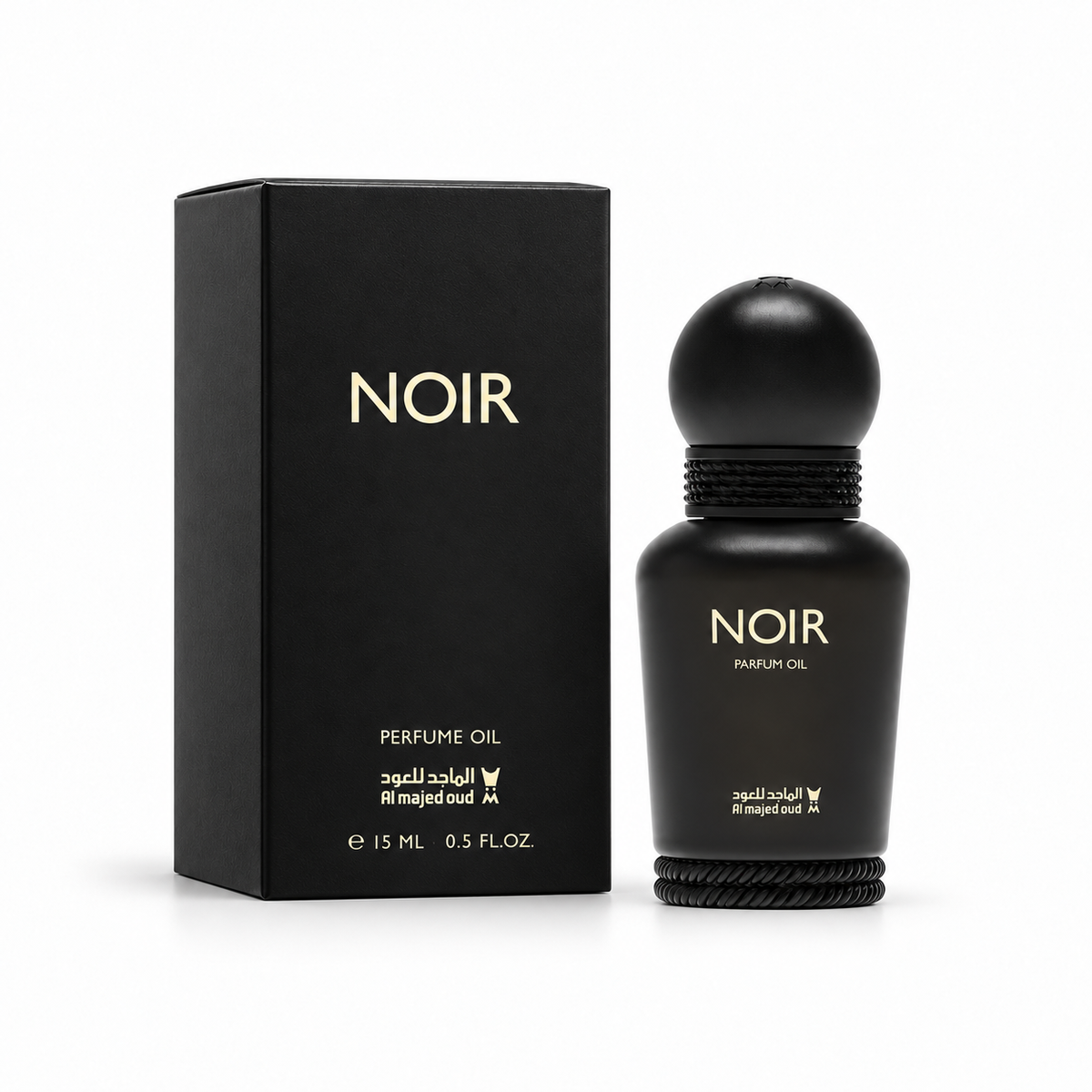 Al Majed Oud Noir Concentrated Perfume Oil 15ml bottle and original black box on white
